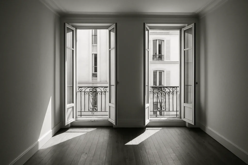 Appartement en noir et blanc avec fenêtres ouvertes et lumière du jour