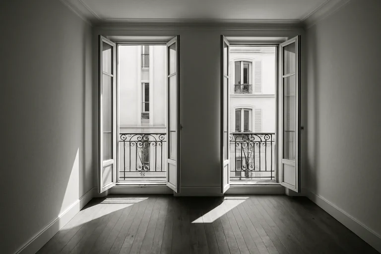 Appartement en noir et blanc avec fenêtres ouvertes et lumière du jour