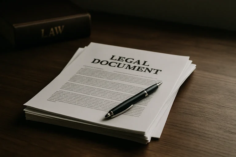 Documents juridiques et stylo sur une table, éclairage doux