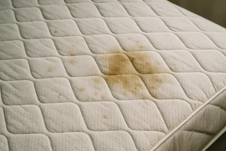 Gros plan sur un matelas avec des taches sombres, éclairage naturel