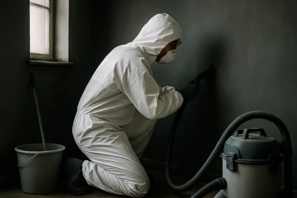 Un professionnel en combinaison de protection nettoie un intérieur après un décès non signalé