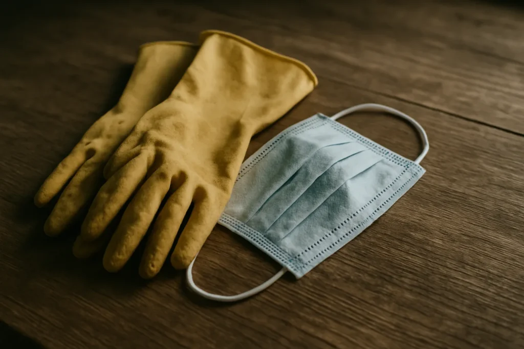 Gants en caoutchouc usés et masque de protection sur une table, lumière latérale.
