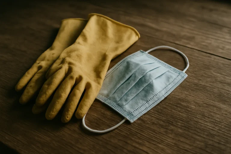 Gants en caoutchouc usés et masque de protection sur une table, lumière latérale.