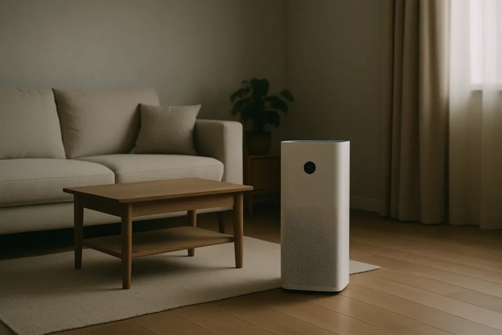 Purificateur d'air moderne dans un salon vide éclairé par une lumière tamisée