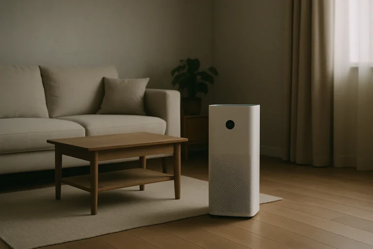 Purificateur d'air moderne dans un salon vide éclairé par une lumière tamisée
