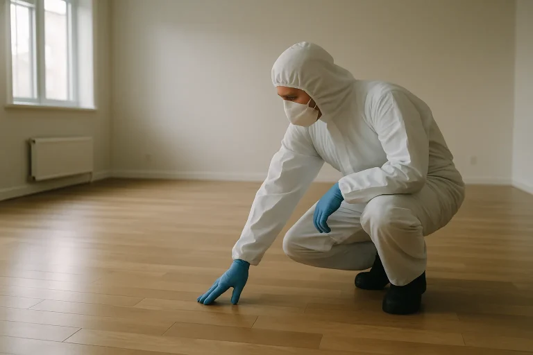 Technicien inspectant un sol en parquet pour détecter des odeurs après un nettoyage post-décès.
