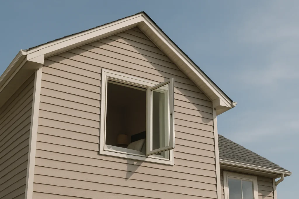 Façade d'une maison avec une chambre à l'étage, fenêtre ouverte, ciel clair.