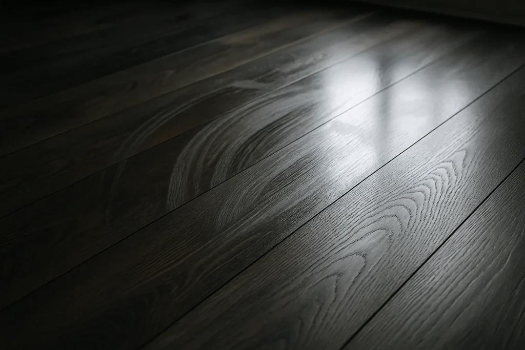 Gros plan d'un parquet sombre avec traces de nettoyage sous lumière naturelle