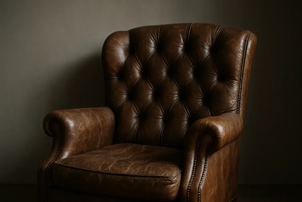 Fauteuil ancien en cuir brun éclairé latéralement, texture visible.