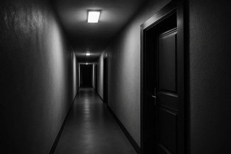 Couloir d'immeuble en noir et blanc avec une porte entrouverte, ambiance sérieuse