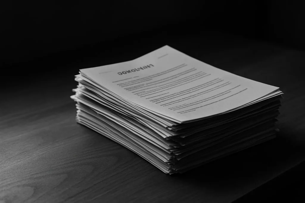 Pile de documents officiels sur une table en bois, éclairage latéral, ambiance sérieuse
