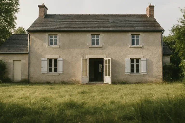 Vue extérieure d'une maison de campagne vide avec portes ouvertes