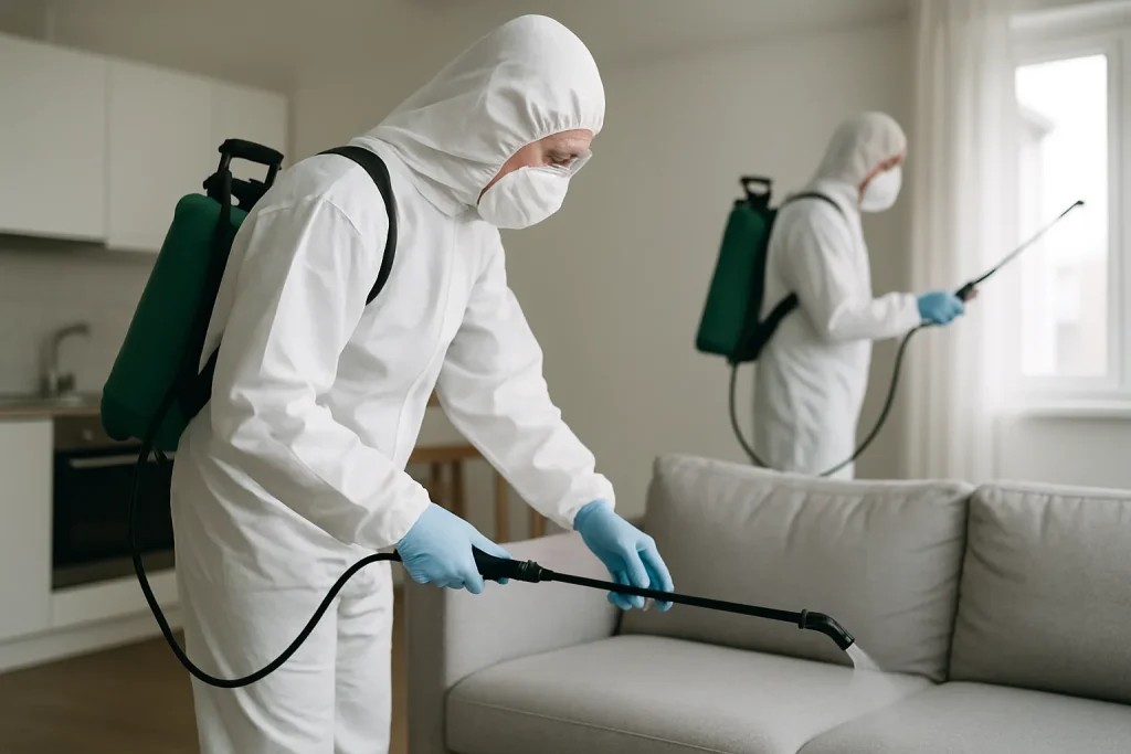 Techniciens en combinaison effectuant une désinfection dans un appartement.
