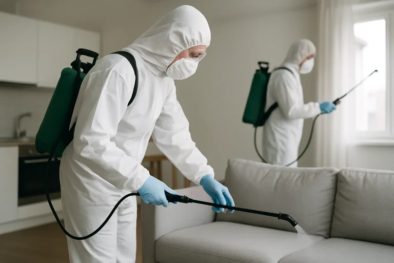 Techniciens en combinaison effectuant une désinfection dans un appartement.
