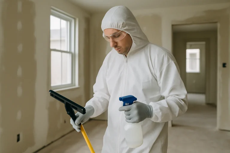 Un technicien en combinaison de protection nettoie une pièce avant les travaux.