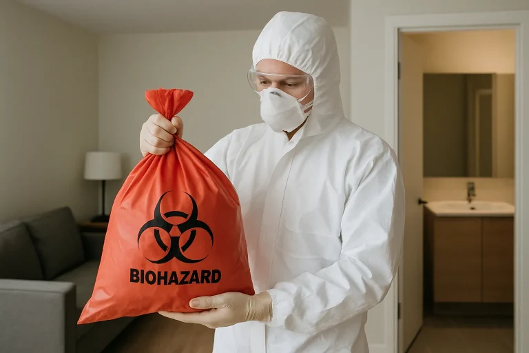 Technicien en combinaison manipulant un sac de déchets biologiques dans un appartement