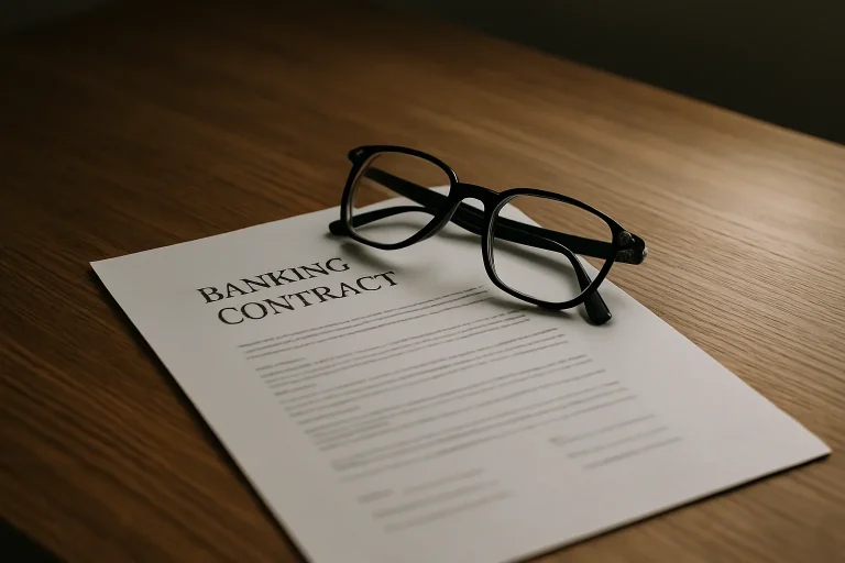 Scène avec contrat bancaire et lunettes sur un bureau en bois éclairé latéralement
