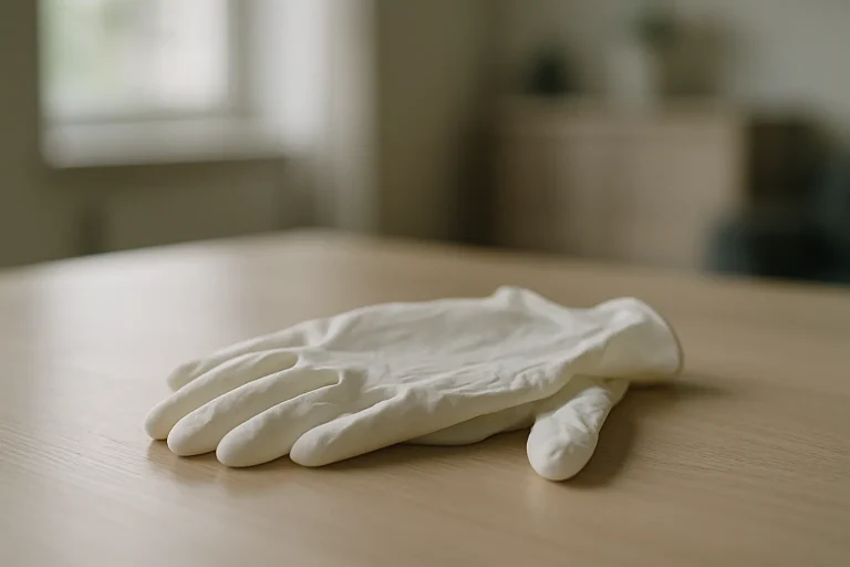 Gros plan de gants en latex sur une table, lumière naturelle, pièce floue en arrière-plan.