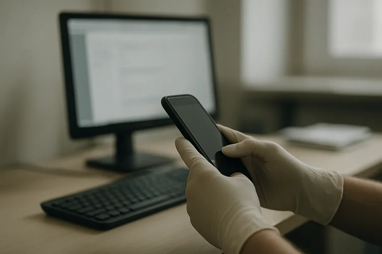 Mains gantées utilisant un téléphone portable pour organiser un nettoyage, bureau en arrière-plan.
