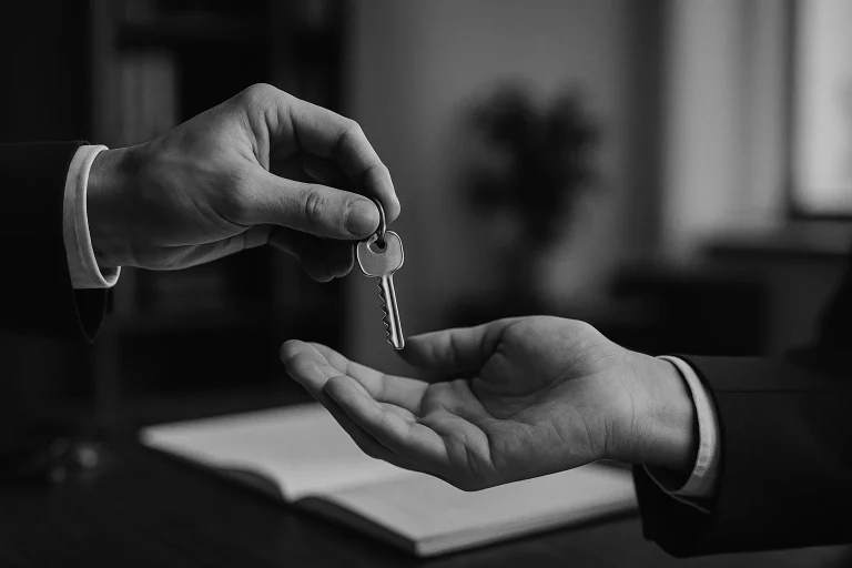 Une main tend une clé à une autre main dans un bureau de notaire, en noir et blanc.