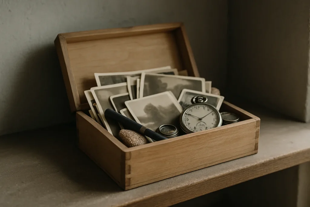 Boîte en bois avec photos et objets personnels sur une étagère poussiéreuse.