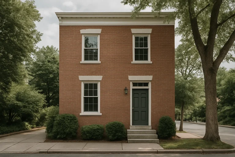Façade d'une maison de ville avec une rue calme et des arbres.