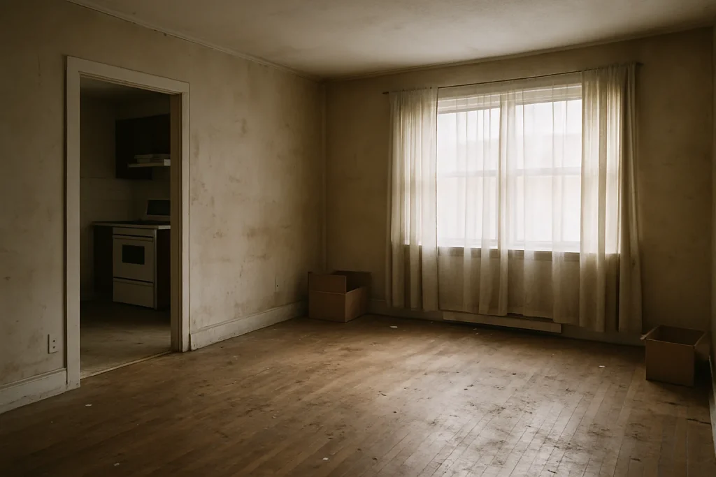 Appartement vide avec traces de saleté et murs usés, lumière douce.