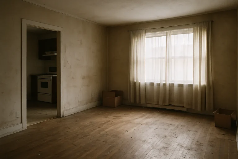Appartement vide avec traces de saleté et murs usés, lumière douce.