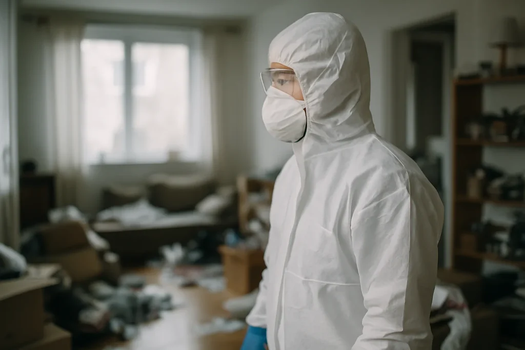 Intervenant en tenue de protection vidant un appartement encombré et insalubre.