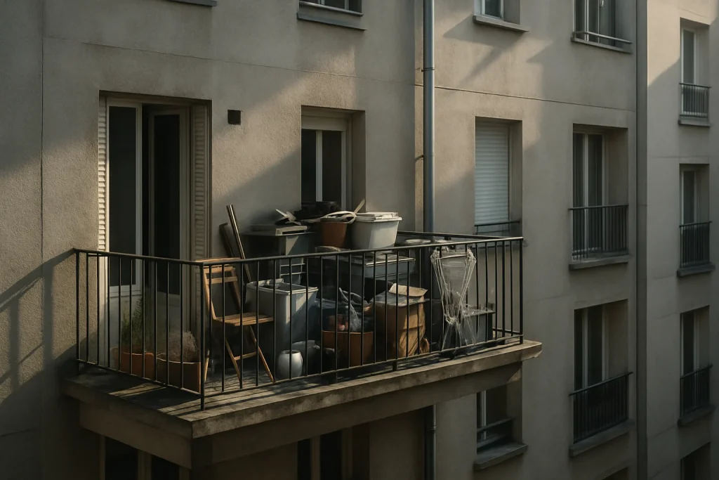 Immeuble avec balcon encombré, symbolisant un logement Diogène à nettoyer.