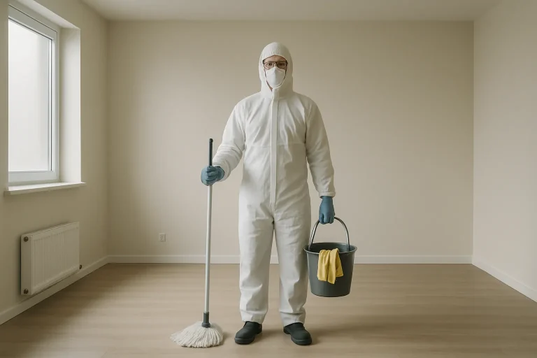 Technicien en combinaison de protection dans une pièce vide avec outils de nettoyage