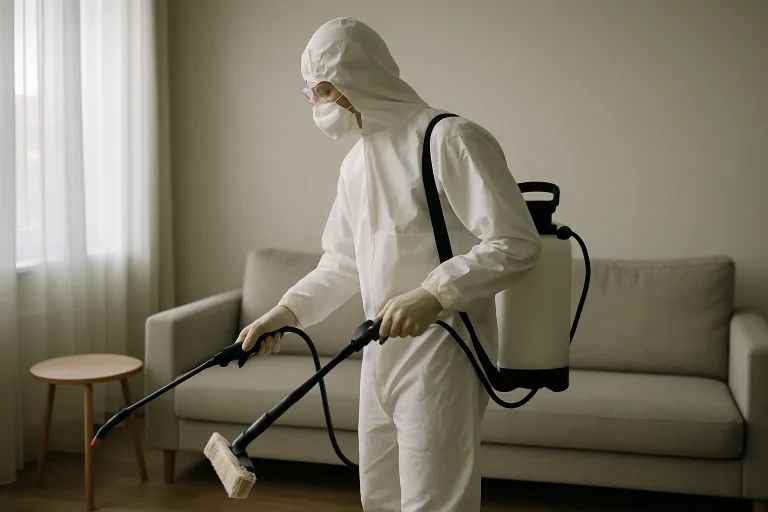 Technicien en combinaison de protection nettoyant une pièce après un suicide, ambiance respectueuse.