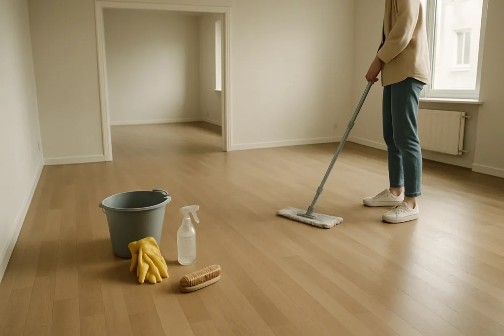 Appartement vide en cours de nettoyage, outils au sol, lumière douce
