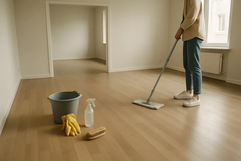 Appartement vide en cours de nettoyage, outils au sol, lumière douce
