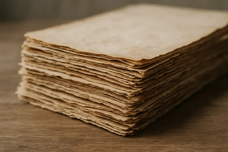 Gros plan sur une pile de papiers anciens jaunis sur une table en bois, éclairés par une lumière naturelle douce.