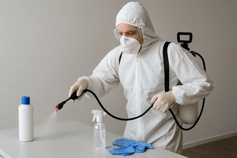 Technicien en combinaison pulvérisant un produit pour traiter punaises et odeur de décès