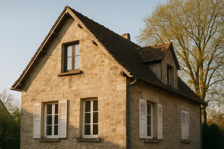 Maison ancienne avec combles visibles, lumière du matin