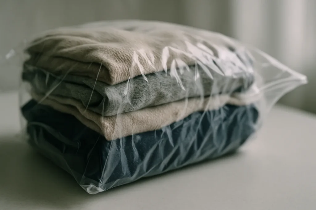 Sac plastique hermétique contenant des vêtements pour éviter la propagation des punaises de lit.