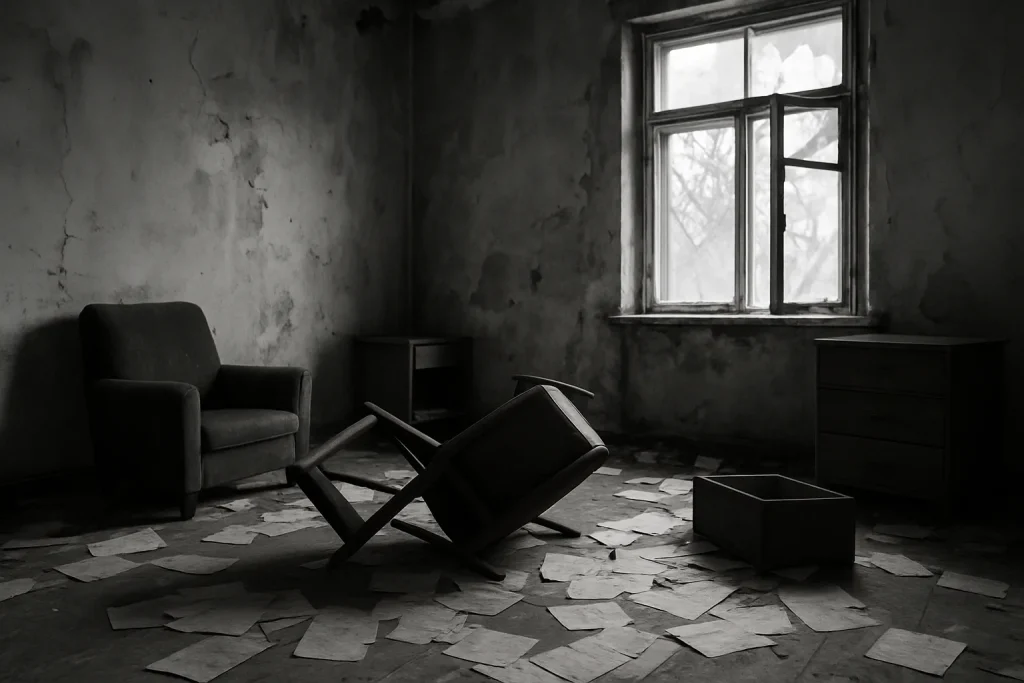 Appartement en désordre avec meubles renversés et papiers au sol, lumière douce.