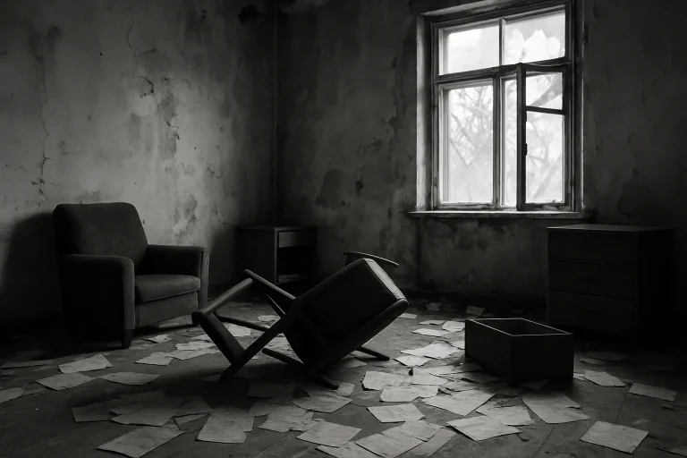 Appartement en désordre avec meubles renversés et papiers au sol, lumière douce.