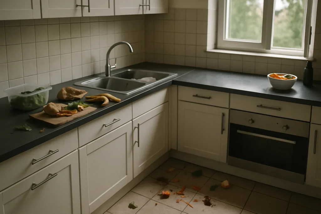 Cuisine en désordre avec déchets alimentaires sur le sol et le comptoir, fenêtre ouverte.