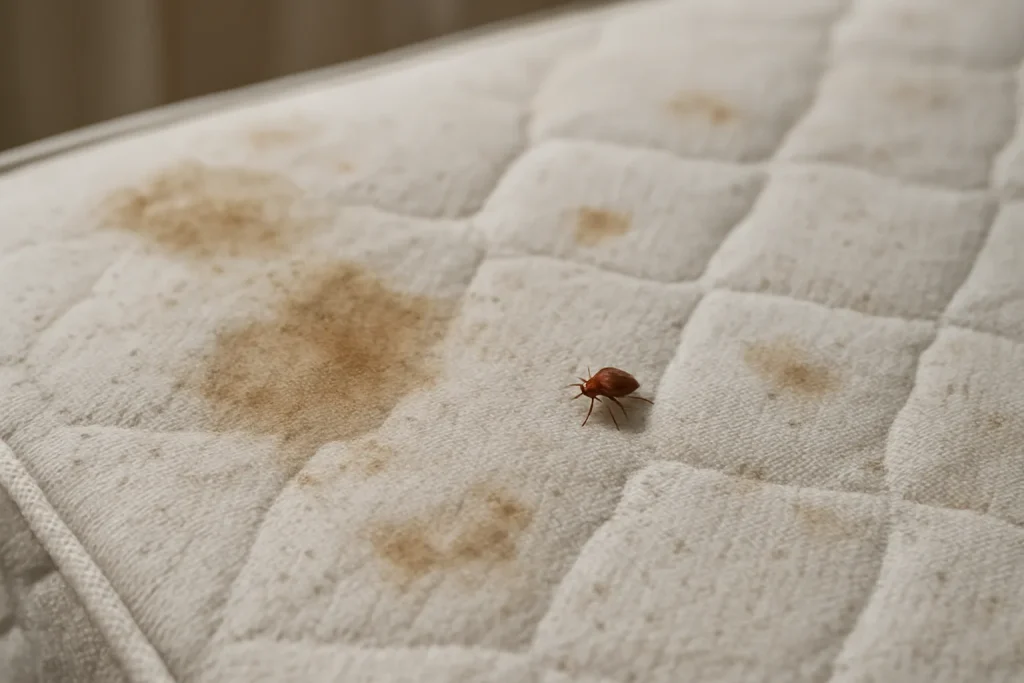 Gros plan sur un matelas avec des taches visibles et une punaise, éclairage naturel.