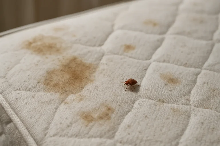 Gros plan sur un matelas avec des taches visibles et une punaise, éclairage naturel.