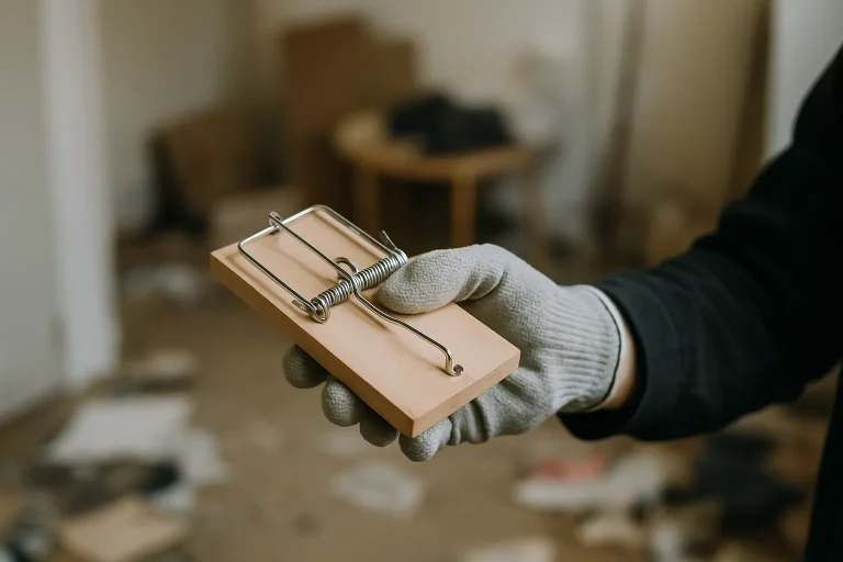 Main gantée avec un piège à rats dans une pièce désordonnée