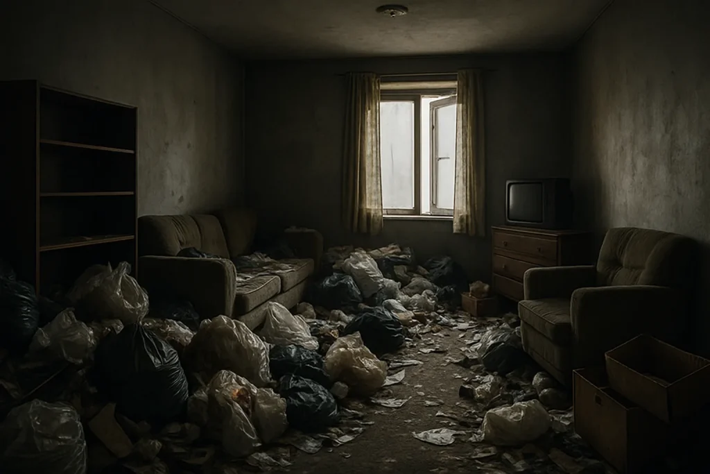 Appartement encombré avec déchets et vieux meubles, éclairage tamisé.