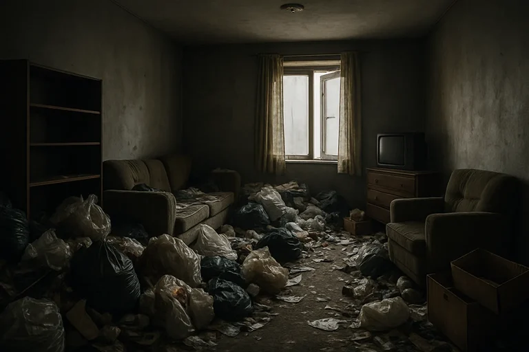 Appartement encombré avec déchets et vieux meubles, éclairage tamisé.