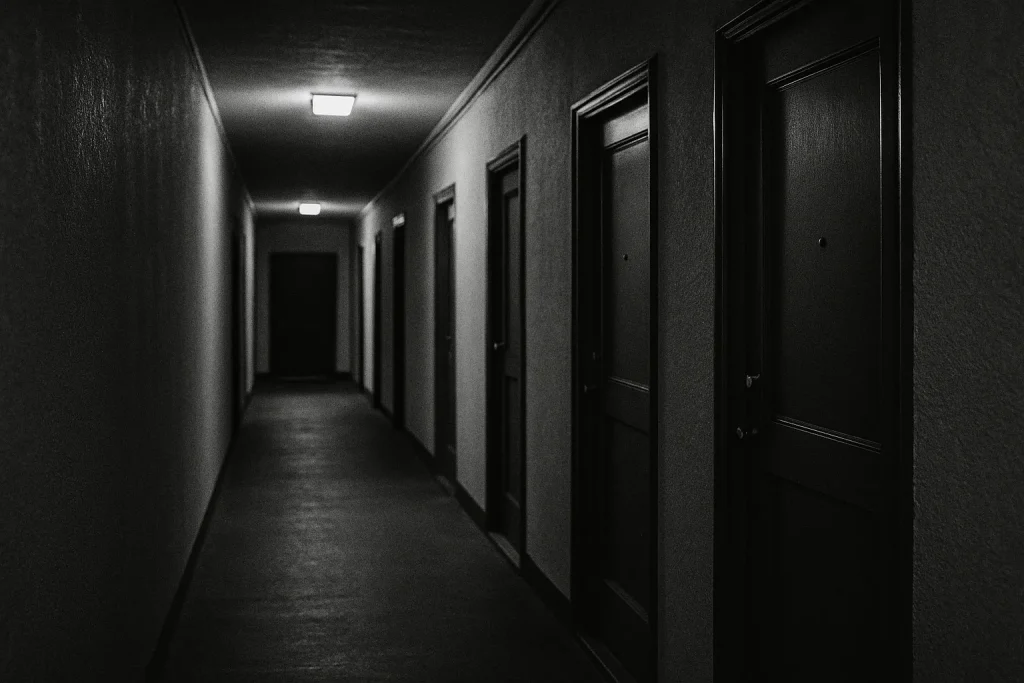 Couloir d'immeuble avec portes fermées, ambiance silencieuse en noir et blanc.
