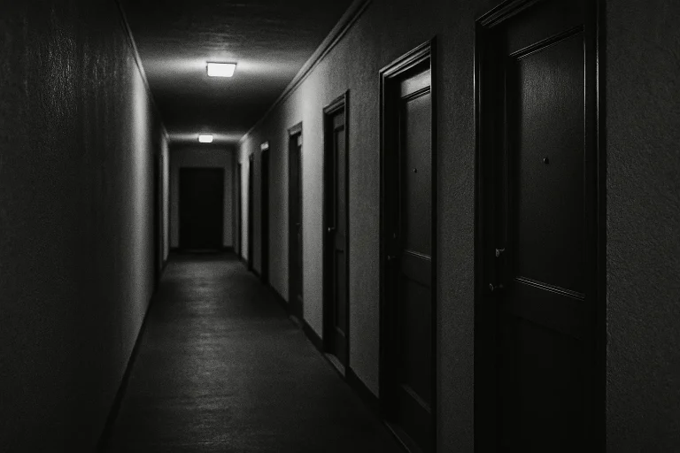 Couloir d'immeuble avec portes fermées, ambiance silencieuse en noir et blanc.