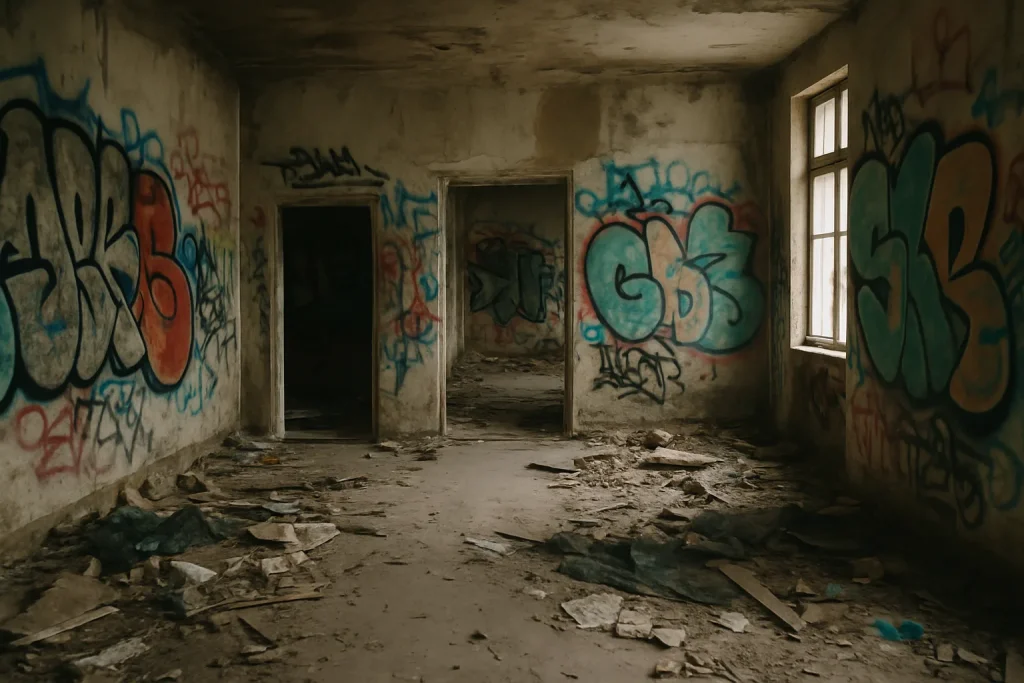 Intérieur d'un squat avec graffitis, débris au sol, lumière douce.