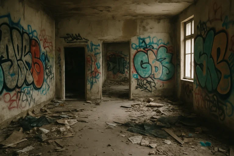 Intérieur d'un squat avec graffitis, débris au sol, lumière douce.